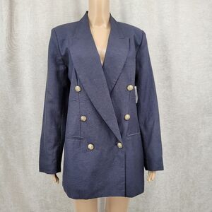 Adolfo Studio Vintage Linen Blend  Women's Double Breasted Navy Blazer